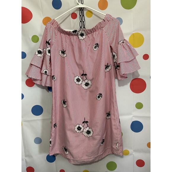 NWOT Ces Femme Size S Off The Shoulder Dress Pinstriped Floral - Picture 2 of 16